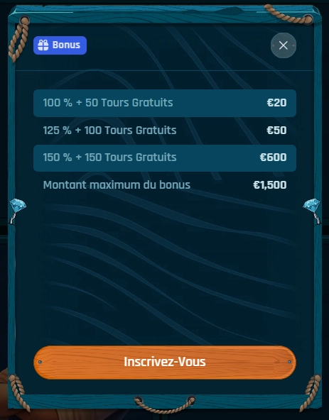 Fenêtre du bonus Ringospin affichant les paliers de dépôt et un bonus maximum de 1 500 €