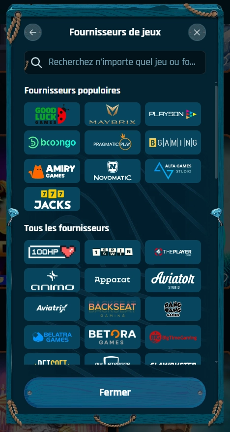 Liste des fournisseurs de jeux disponibles chez Ringospin avec BGaming, Betora, Novomatic et Play’n GO