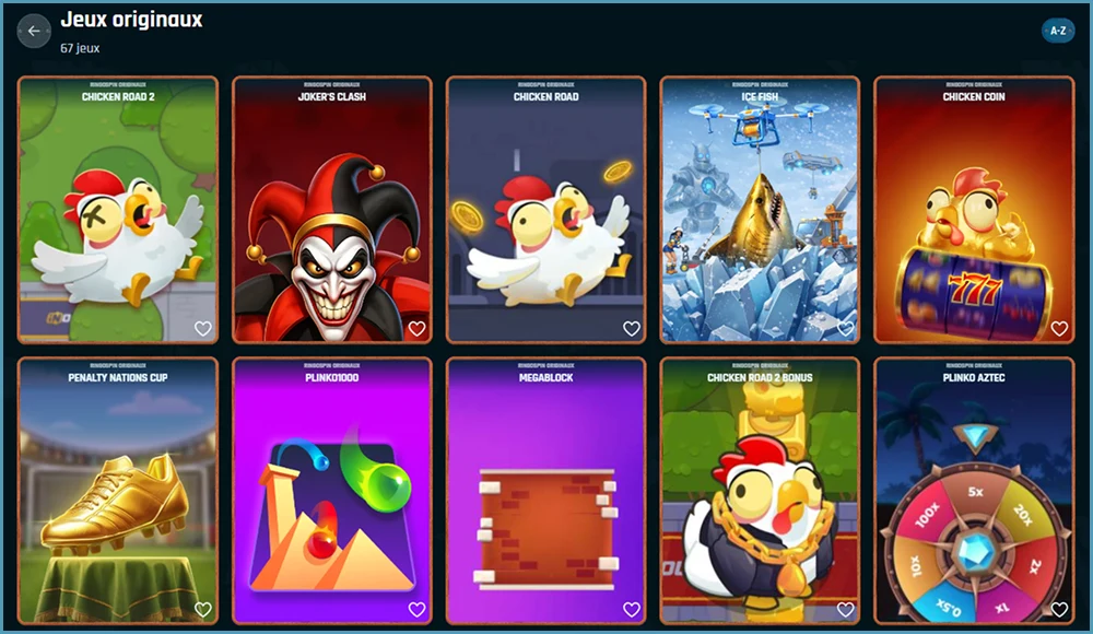 Jeux originaux de Ringospin avec Chicken Road, Joker's Clash, Ice Fish et Penalty Nations Cup